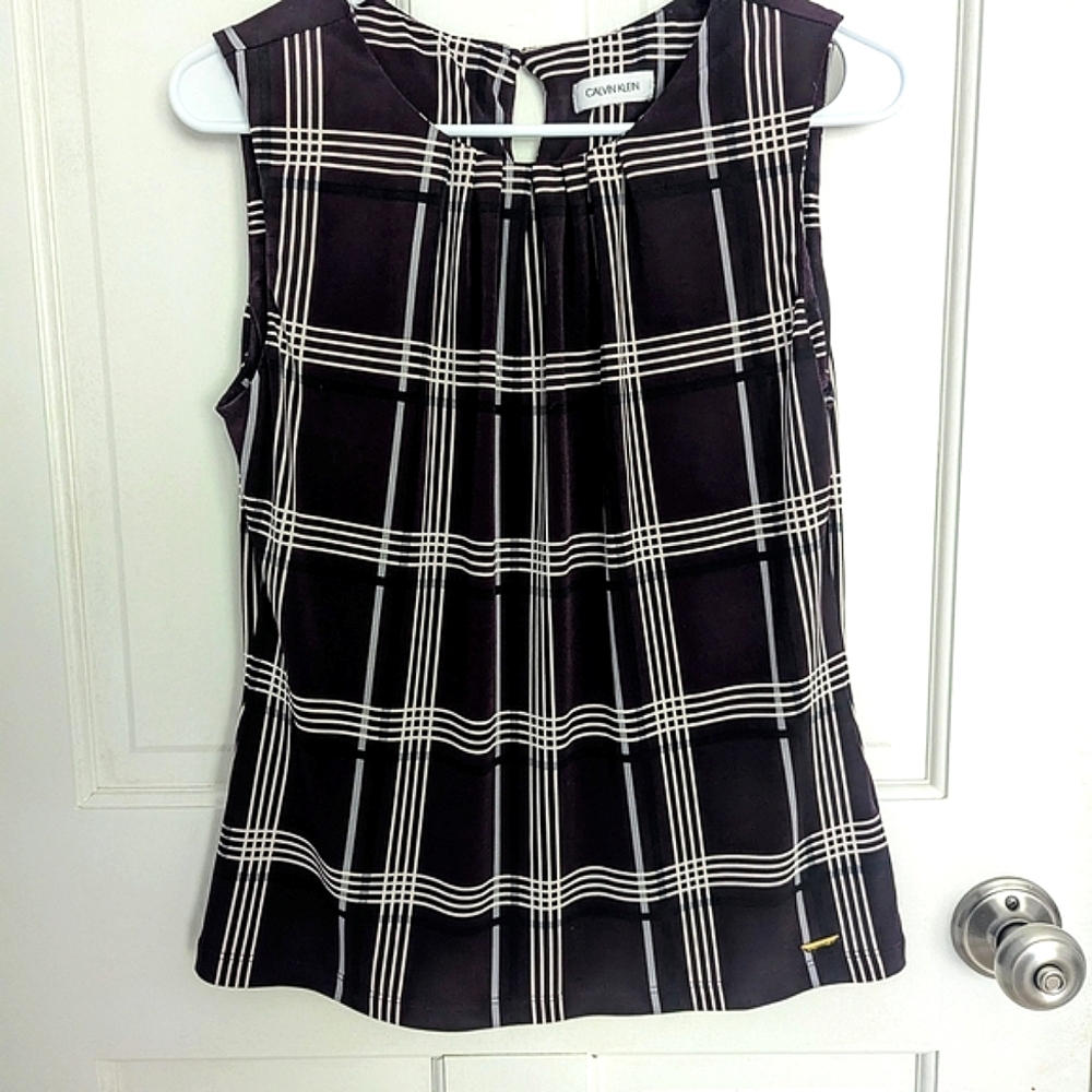Calvin Klein Purple And Black Plaid Sleeveless Blouse Size Small